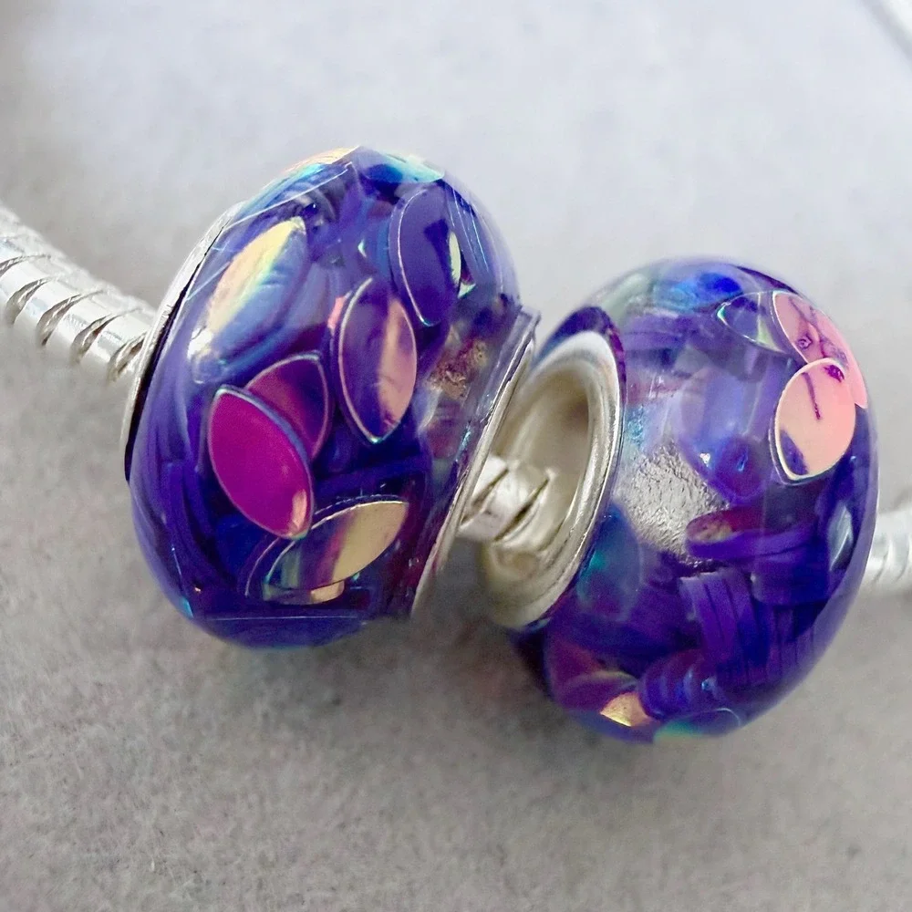 2 PCs Purple Iridescent Confetti Spacer Bead Charms fits PANDORA